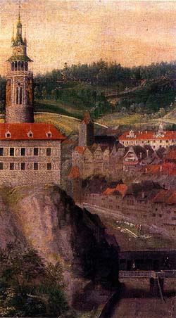 Český Krumlov, nejstarší známá ikonografie Zámecké věže a Hrádku, detail z portrétu Jana z Pernštejna, autor Bartoloměj Beránek - Jelínek, rok 1590 