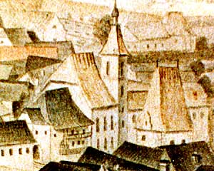 Latrán čp. 6, ikonografie, Č. Krumlov se zámkem od jihozápadu, výřez, zdroj: StOA Třeboň, pob.ČK, autor: G. A. Horner, 1743 