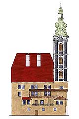 Latrán čp. 6, 1. pol. 19. stol. na základě sondážních nálezů a vedut , zdroj: Arteco B.M. s.r.o., autor: J. Bloch, J. Novotný P. Lengál, 2001 