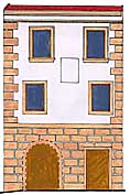 Radniční č.p. 26 raně barokní rozvrh průčelí II na základě sondážních nálezů , zdroj: Arteco B.M. s.r.o., autor: J. Bloch, J. Novotný, P. Lengál, 2001 
