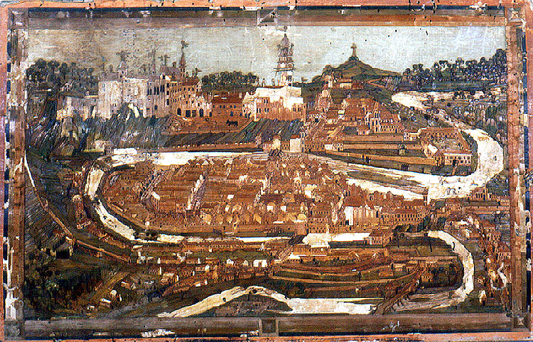 Český Krumlov, view onto town - picture created from pieces of straw and wood, 1660's