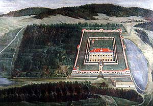 Jindřich de Veerle, zeitgenössische Abbildung des Lustschlösschens Kratochvíle 