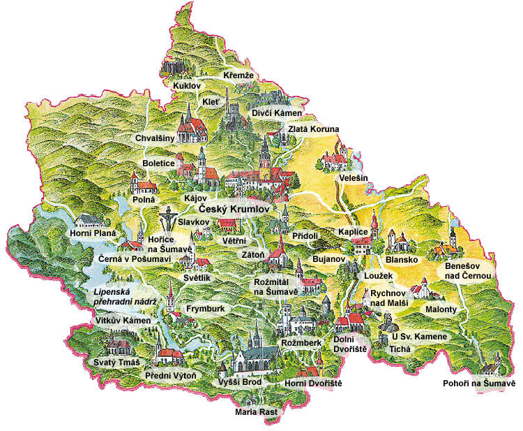 Map of cultural and historical monuments of the Český Krumlov region, made by Aleš Zelenka