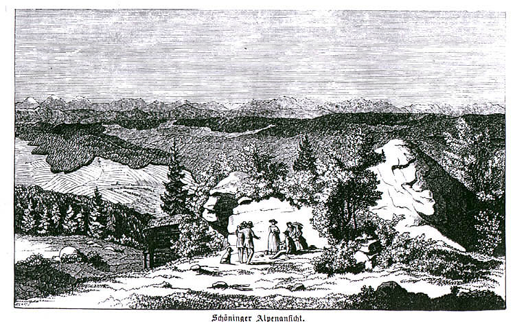 Berg Kleť, Blick vom Gipfel nach Südosten - Alpenaussicht, historische Illustration, foto:  E. Herold