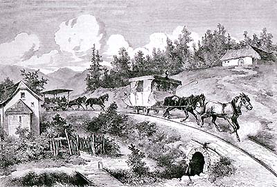 Horse-drawn railway, ride from Linz to České Budějovice, personal transport I. and II. class, historical graphicwork 