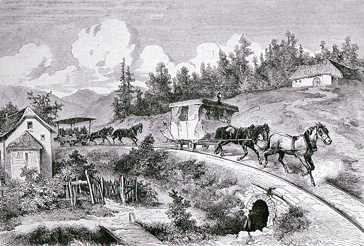 Horse-drawn railway, ride from Linz to České Budějovice, personal transport I. and II. class, historical graphicwork