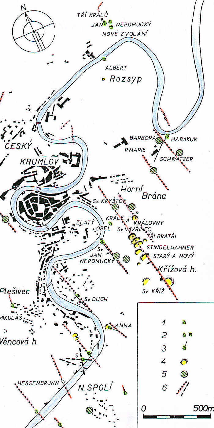Český Krumlov und Umgebung, Karte der alten Bergwerke, wo Silber und Gold gefördert wurde