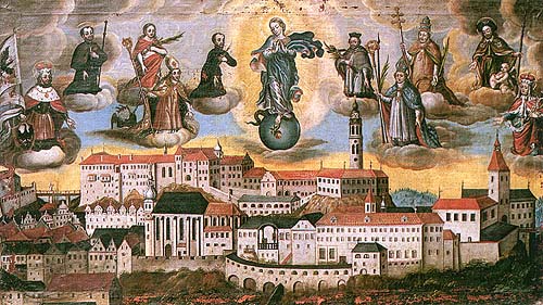 Petr Antonín Anneis (?), Český Krumlov pod ochranou svatých patronů, Antependium z kaple Bolestné Matky Boží na Křížové hoře, Český Krumlov, kolem roku 1700 (1727 - 1728 ?), olejomalba na plátně, stav před restaurováním Petr Antonín Anneis (?), Český Krumlov pod ochranou svatých patronů, Antependium z kaple Bolestné Matky Boží na Křížové hoře, Český Krumlov, kolem roku 1700 (1727 - 1728 ?), olejomalba na plátně, stav před restaurováním