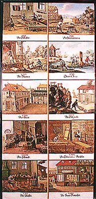 Zlatá Koruna school, classroom aid from 18th century, picture of various human activities 