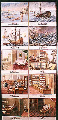Zlatá Koruna school, classroom aid from 18th century, picture of various human activities 