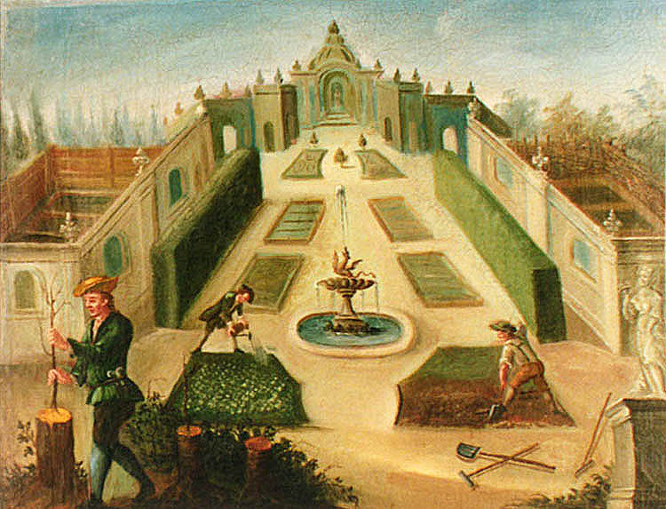 Zlatokorunská škola, učební pomůcka z 18. století, vyobrazení práce v zahradě