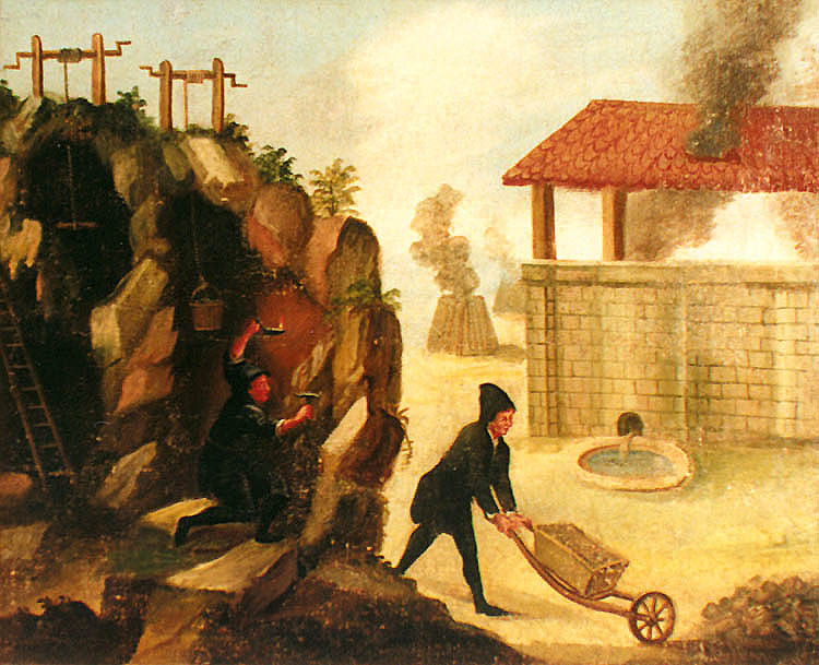Zlatá Koruna school, classroom aid from 18th century, picture of miners at work
