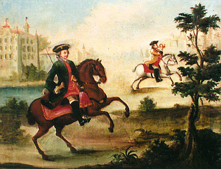 Zlatá Koruna school, classroom aid from 18th century, picture of horse riders