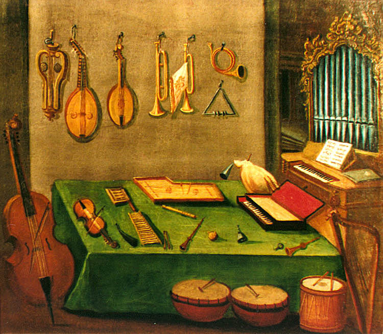 Schule in Zlatá Koruna, Lehrmittel aus dem 18. Jahrhundert, Abbildung der zeitgenössischen Musikinstrumente