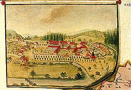Zlatokorunská škola, učební pomůcka z 18. století, vyobrazení dobové podoby kláštera Zlatá Koruna  