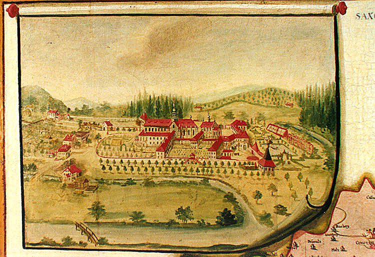 Zlatokorunská škola, učební pomůcka z 18. století, vyobrazení dobové podoby kláštera Zlatá Koruna 