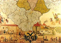 Zlatá Koruna school, classroom aid from 18th century, view of the school and part of map 