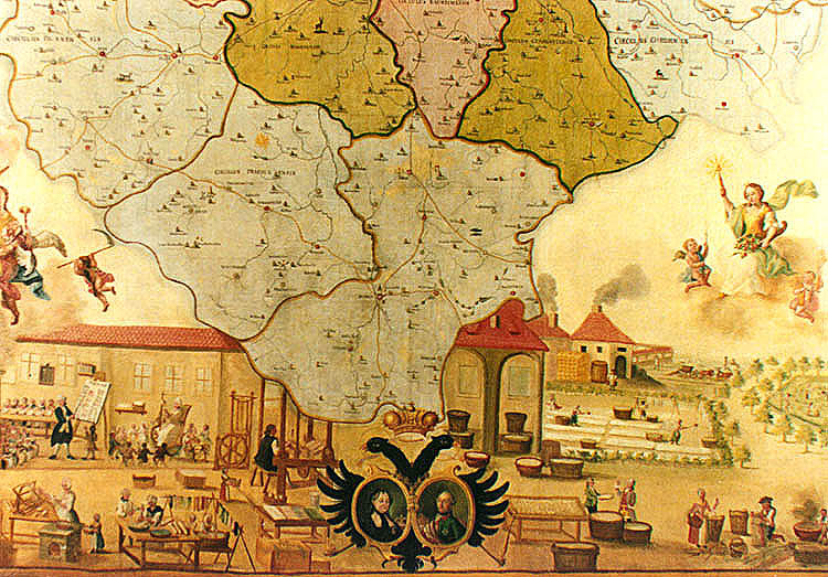 Schule in Zlatá Koruna, Lehrmittel aus dem 18. Jahrhundert, Ansicht der Schule und ein Teil einer Karte