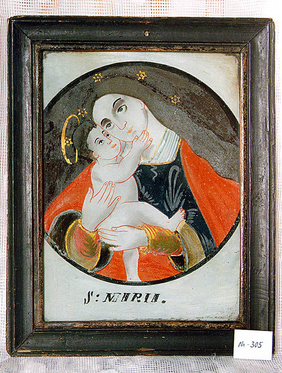 Podmalby na skle, Šumava, 2. polovina 19. století - Panna Marie s Ježíškem, foto: Jos. Prokopec