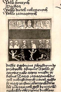 Krumlovský sborník, počátek 15. století, ďábel přistrkuje hříšníky do pekelné tlamy 