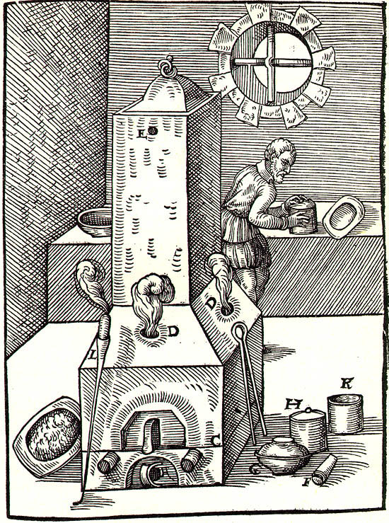 Temporal display of workshop, where  precious metals were processed  and their quality tested, reproduction of woodcut from 1574