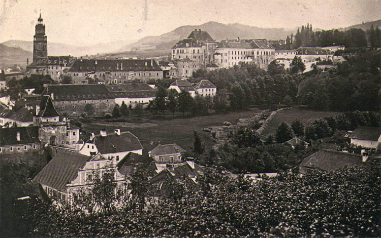 Český Krumlov Castle and tower, view from paraplíčko at Vyšehrad, historical photo