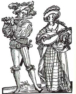 Dobový výjev, flétnista a loutnistka, 1543 