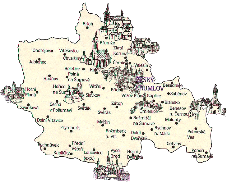 Karte der kirchlichen Objekte des Vikariats Český Krumlov 