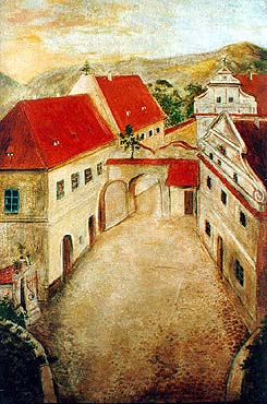 Český Krumlov - bridgehead at Upper Gate, oil painting from early 19th century, collection of Regional Museum of National History in Český Krumlov 