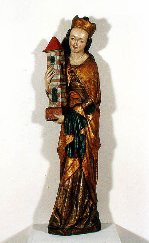 St. Barbara, Svatý Tomáš (St.-Thomas) bei Frymburk, um 1380, polychromierte Holzplastik, Zustand nach der Restaurierung, komplexer Restauratoreneingriff Stojan Genčev, Kotangens GmbH, Prag, 1997 – 1998