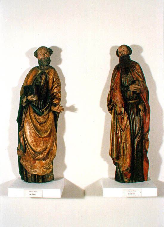 St. Peter (links) und St. Paul (rechts) von der Kirche in Svéráz, 15. Jahrhundert, Sammlungsfonds des Bezirksheimatmuseums in Český Krumlov