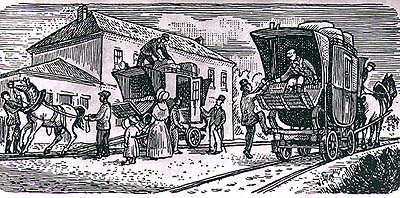 Pferdeeisenbahn, zeitgenössische Illustration aus dem 19. Jahrhundert 