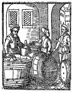 Traders with wine, period illustration from 1546 