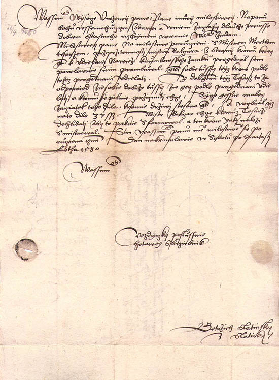 Jetřich Slatinský ze Slatinky, document with signature