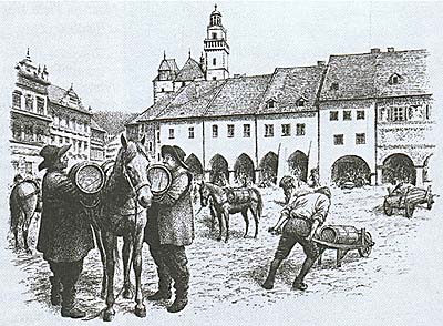 Loading salt in Prachatice, reconstruction, drawing Jiří Petráček Loading salt in Prachatice, reconstruction, drawing Jiří Petráček