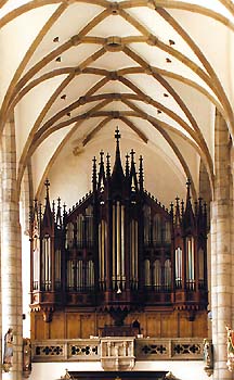 Kostel sv. Víta v Českém Krumlově, hlavní varhany, pohled na píšťaly 