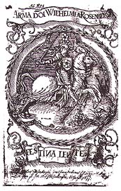 Ex libris Viléma z Rožmberka s rožmberským jezdcem a Vilémovým krédem  