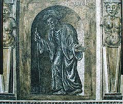 Kájovská č.p. 54, detail renesanční výmalby průčelí objektu, sv. Jakub 