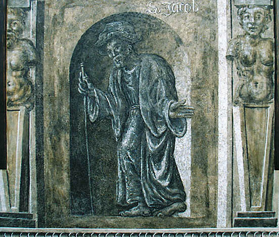 Kájovská Nr. 54, Detail der Renaissancemalereien an der Stirnseite des Objektes, der hl. Jakob