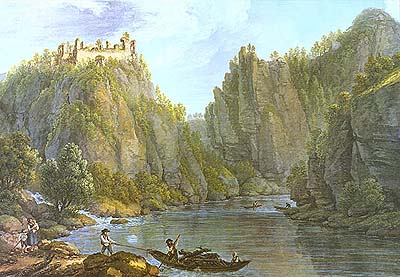 Ruine der Burg Dívčí Kámen, Ferdinand Runk, Anfang des 19. Jahrhunderts 
