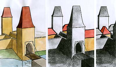 Kájovská Gates - Schematic drawing of early constructional development of the gates and surrounding houses. Author: V. Codl Kájovská Gates - Schematic drawing of early constructional development of the gates and surrounding houses. Author: V. Codl
