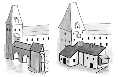 Outer Kájovská Gate - Development of terrain and buildings in front of the gate in 18th and 19th century. Re-drawn details from pictures by B. Wemer and FL. Maschek Outer Kájovská Gate - Development of terrain and buildings in front of the gate in 18th and 19th century. Re-drawn details from pictures by B. Wemer and FL. Maschek
