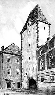Inner Kájovská Gate in the beginning of 19th century. Rekonstruction: V. Codl Inner Kájovská Gate in the beginning of 19th century. Rekonstruction: V. Codl