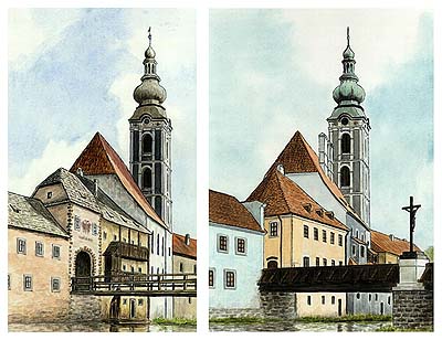 The inner Latrán Gate and St. Jost church in the seventies of the 18. century  compared with apearance in 1998. Autor: V. Codl 