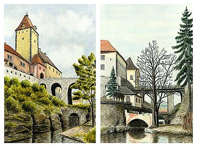 Horní brána na přelomu 18. a 19. století  ve srovnání se stavem v r. 1998. Autor: V. Codl 