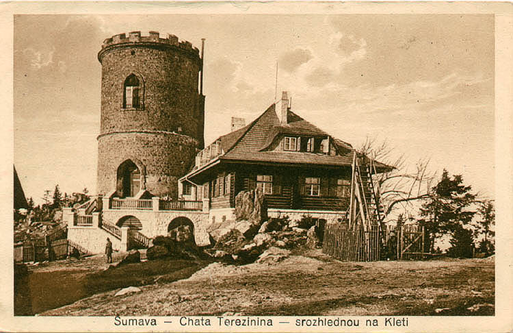 Kleť Mountain, cottage with lookout tower on the mountaintop, historical photo, foto: Wolf