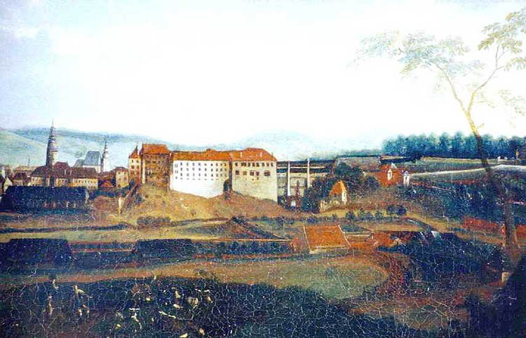 View of Jelení garden and chateau from North shows shape of garden after abolition of Castle pond during the thirty years war, round 1740, Chateau Č. Krumlov, author: Horner 