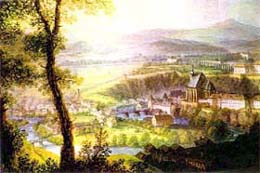 Vedute der Stadt Český Krumlov vom Südosten aus, die das Gebiet des heutigen Stadtparks festhält, nach 1800, Schloss Č.Krumlov, Autor: F. Runk  