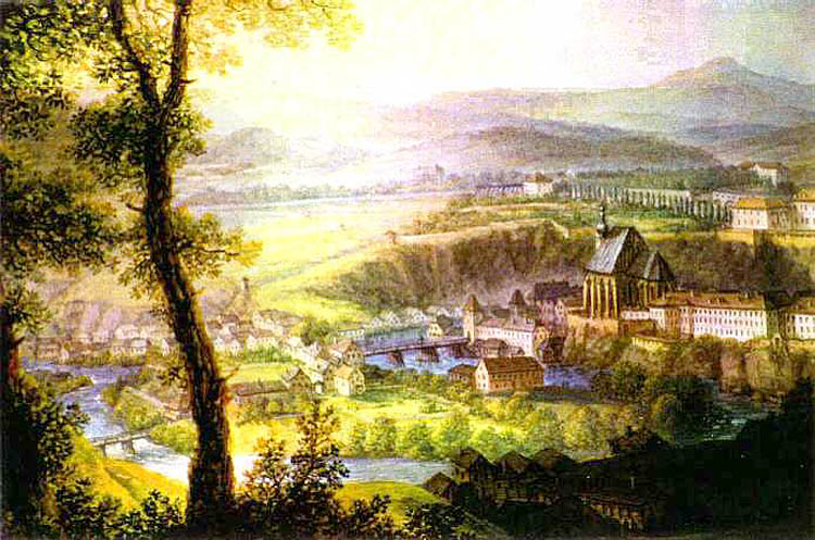 Vedute der Stadt Český Krumlov vom Südosten aus, die das Gebiet des heutigen Stadtparks festhält, nach 1800, Schloss Č.Krumlov, Autor: F. Runk 