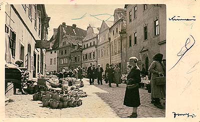 Široká Street in Český Krumlov, annual market, historical photo Široká Street in Český Krumlov, annual market, historical photo